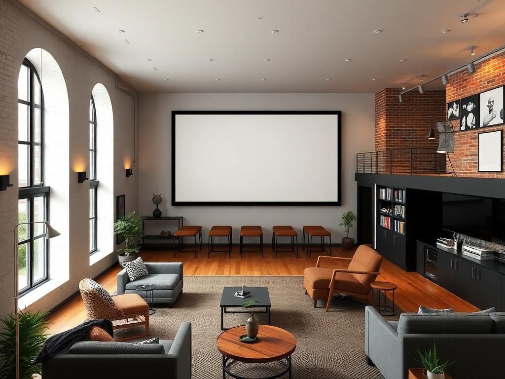 Лофт под киноклуб и домашний кинотеатр. Зонирование: экран, бар и пространство для общений Лофт под киноклуб и домашний кинотеатр. Зонирование: экран, бар и пространство для общений