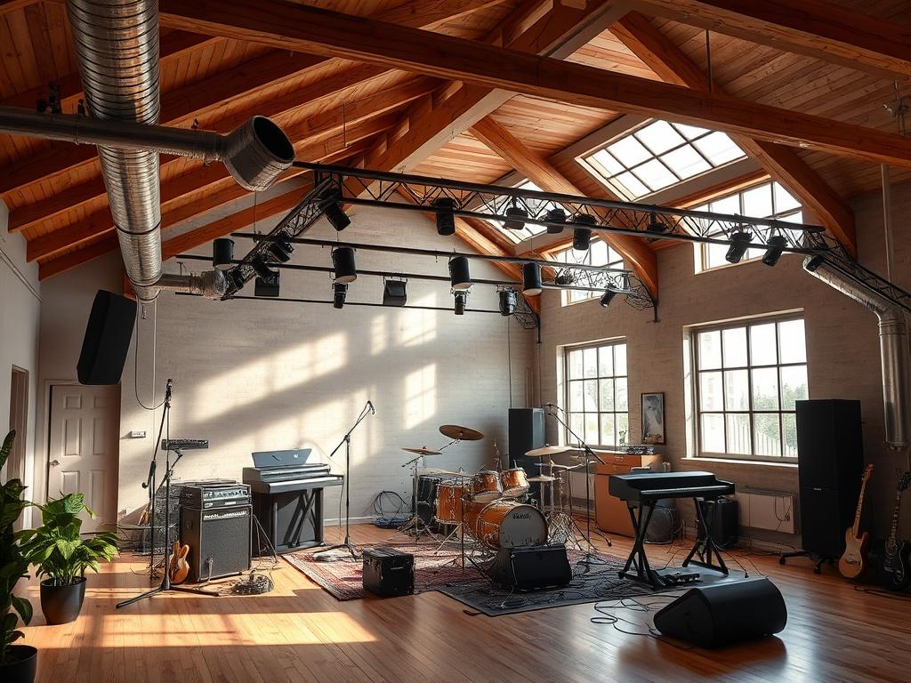 Лофт для репетиций музыкальной группы. Зонирование пространства и визуальная атмосфера Лофт для репетиций музыкальной группы. Зонирование пространства и визуальная атмосфера