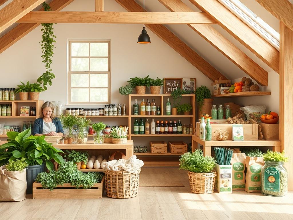 Лофт для магазина экопродуктов или фермерского маркета. Упаковка, маркировка и уменьшение отходов Лофт для магазина экопродуктов или фермерского маркета. Упаковка, маркировка и уменьшение отходов